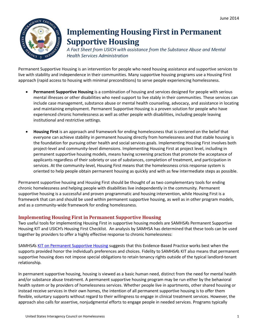 Implementing Housing First in Permanent Supportive Housing a Fact Sheet from USICH with Assistance from the Substance Abuse and Mental Health Services Administration