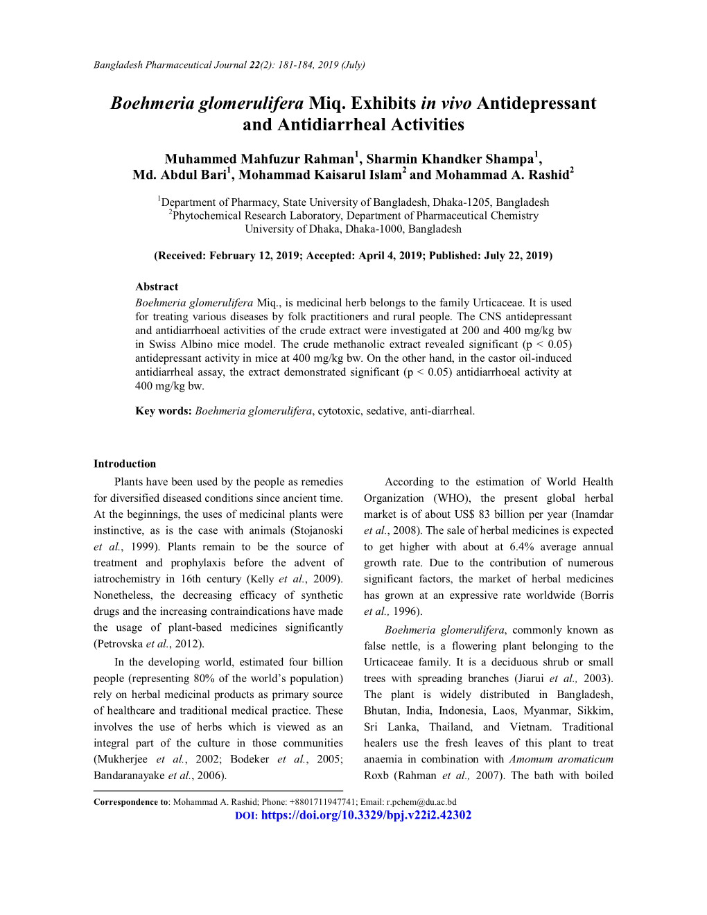 Boehmeria Glomerulifera Miq. Exhibits in Vivo Antidepressant and Antidiarrheal Activities