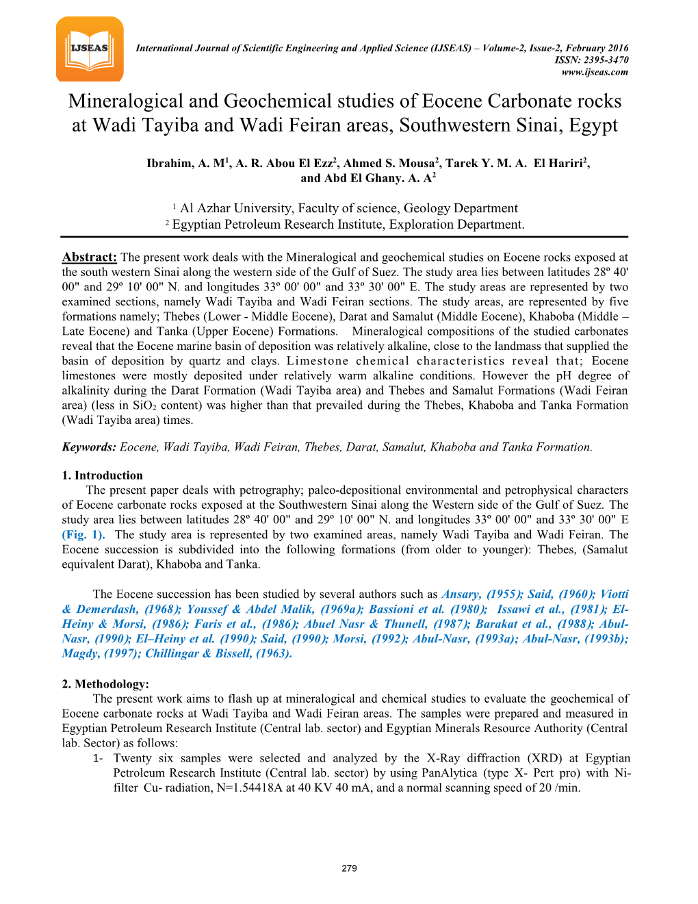 Mineralogical and Geochemical Studies of Eocene Carbonate Rocks at Wadi Tayiba and Wadi Feiran Areas, Southwestern Sinai, Egypt