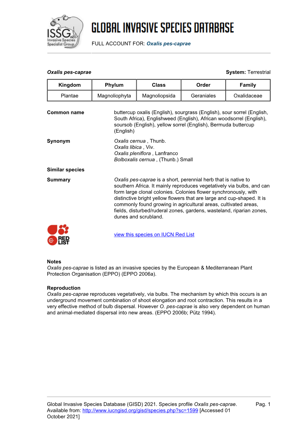(GISD) 2021. Species Profile Oxalis Pes-Caprae. Available F