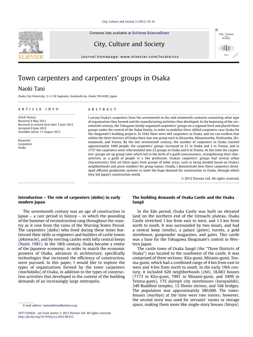 Town Carpenters and Carpentersâ€™ Groups in Osaka