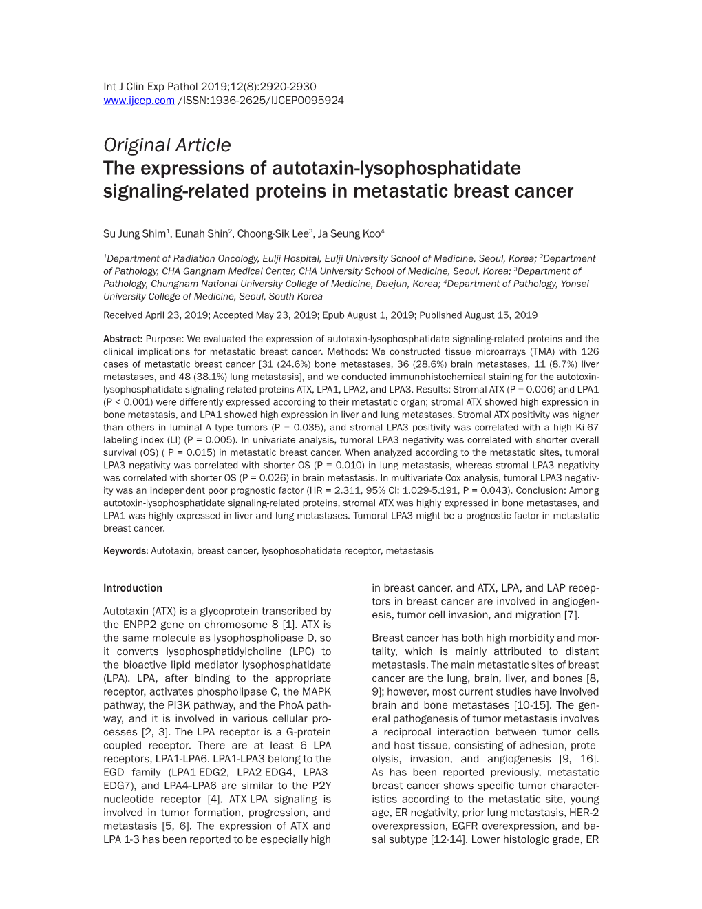 Original Article the Expressions of Autotaxin-Lysophosphatidate Signaling-Related Proteins in Metastatic Breast Cancer