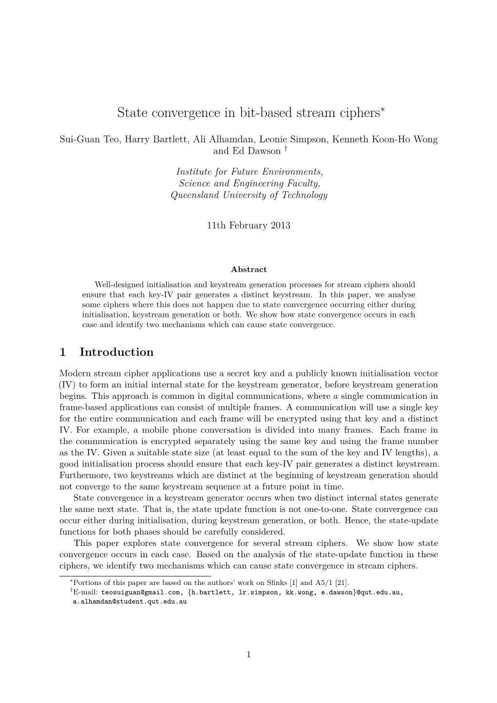 State Convergence in Bit-Based Stream Ciphers∗