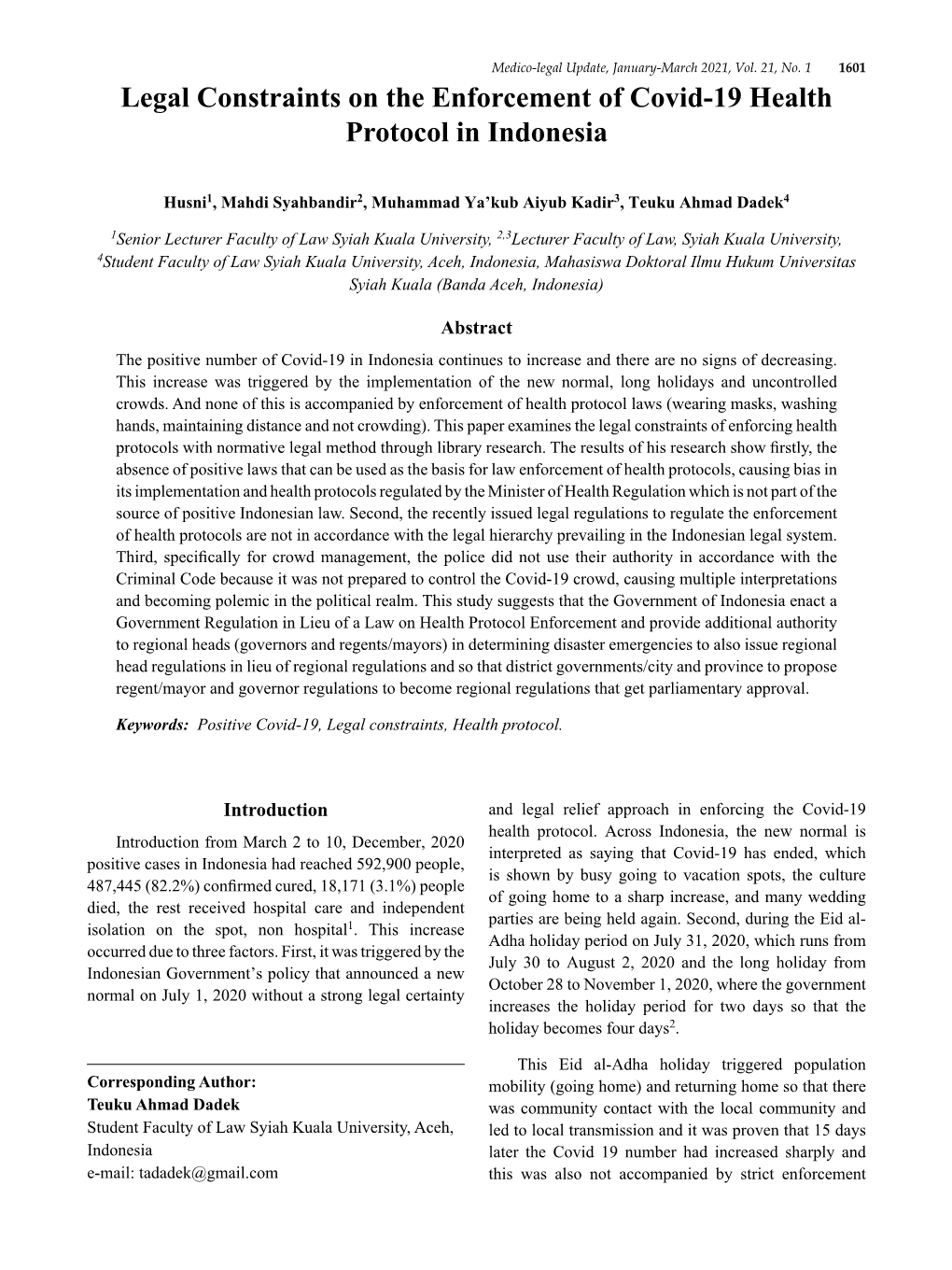 Legal Constraints on the Enforcement of Covid-19 Health Protocol in Indonesia