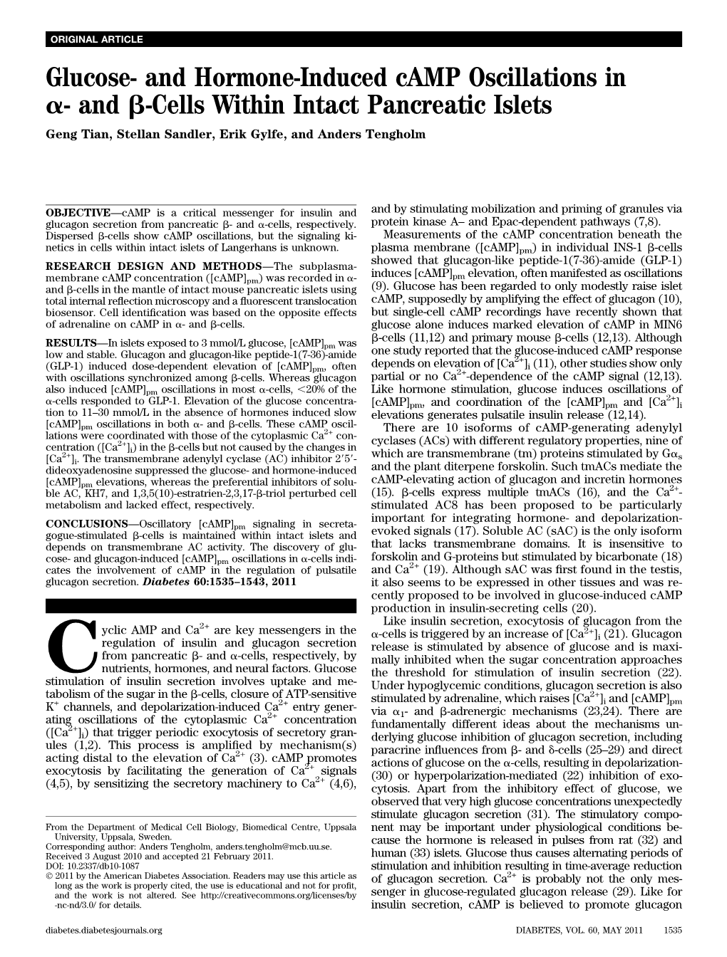 Glucose- and Hormone-Induced Camp Oscillations in A- and B-Cells Within Intact Pancreatic Islets