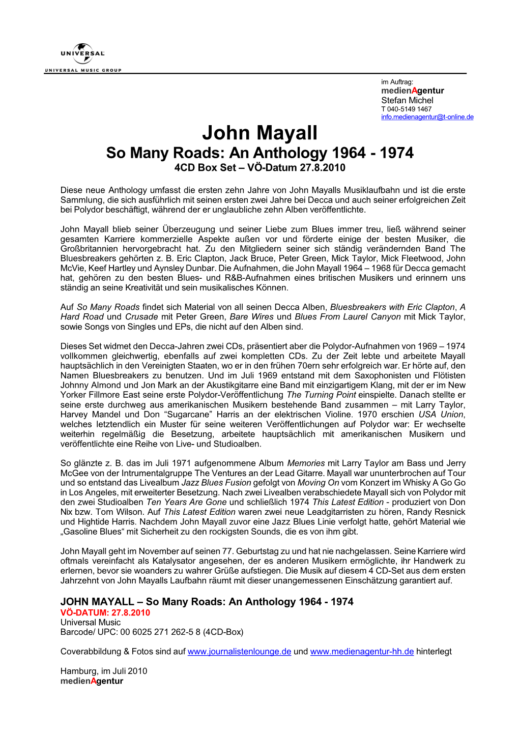 John Mayall So Many Roads: an Anthology 1964 - 1974 4CD Box Set – �����������������