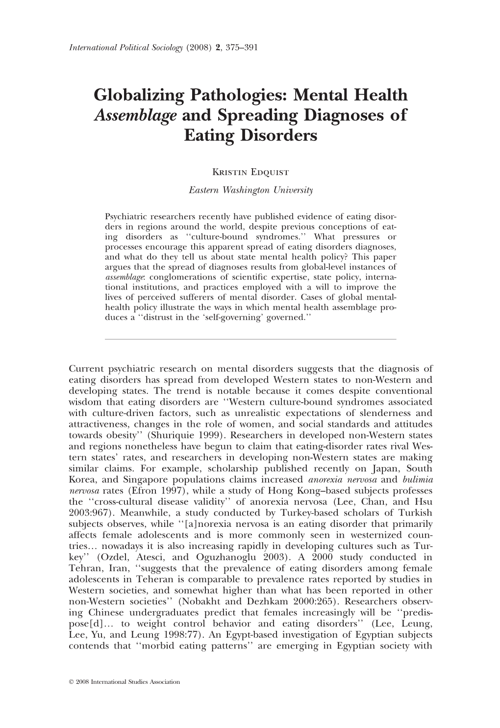 Mental Health Assemblage and Spreading Diagnoses of Eating Disorders