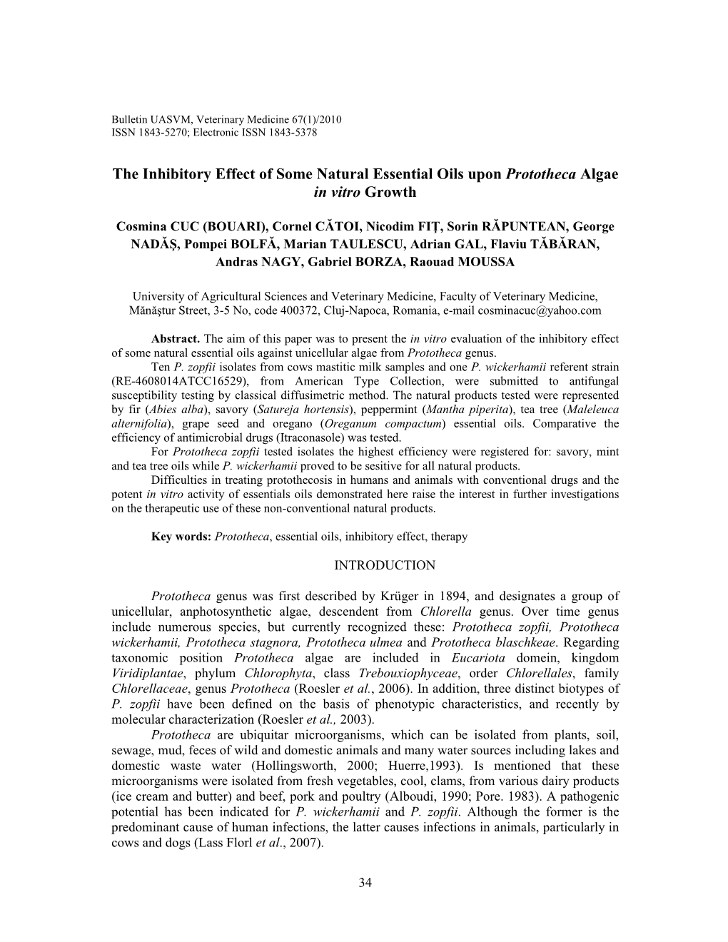 The Inhibitory Effect of Some Natural Essential Oils Upon Prototheca Algae in Vitro Growth