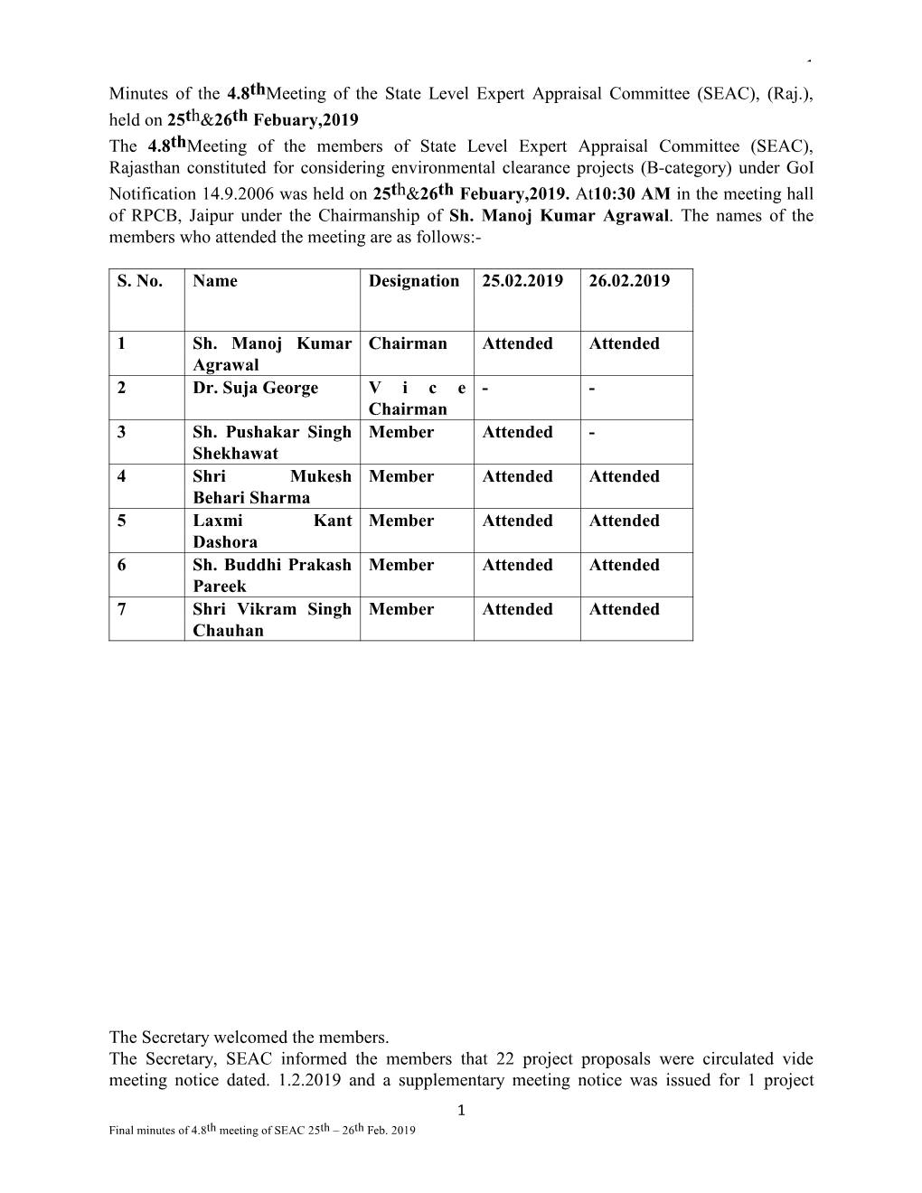 Minutes of the 4.8Thmeeting of the State Level Expert Appraisal Committee (SEAC), (Raj.), Held on 25Th&26Th Febuary,2019