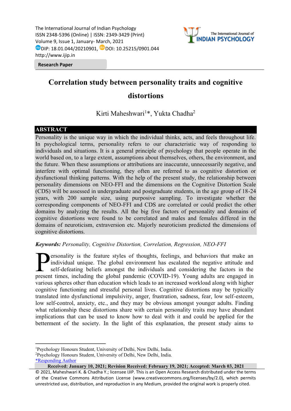 Correlation Study Between Personality Traits and Cognitive Distortions