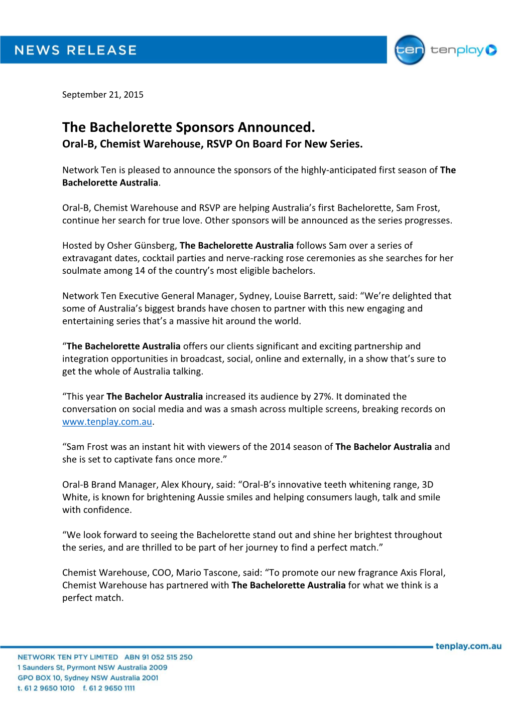 The Bachelorette Sponsors Announced. Oral-B, Chemist Warehouse, RSVP on Board for New Series