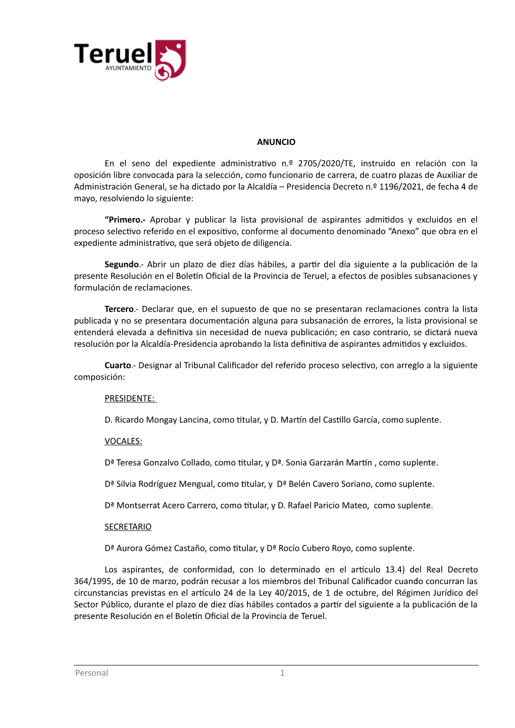 ANUNCIO En El Seno Del Expediente Administrativo N.º 2705/2020/TE