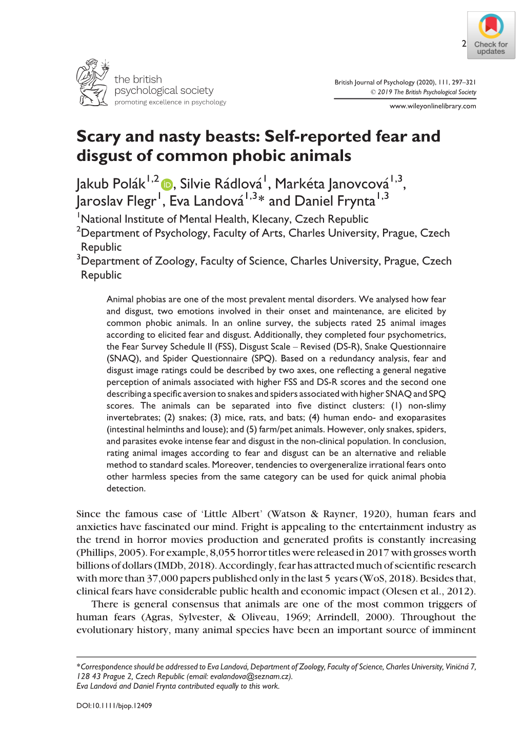 Self‐Reported Fear and Disgust of Common Phobic Animals