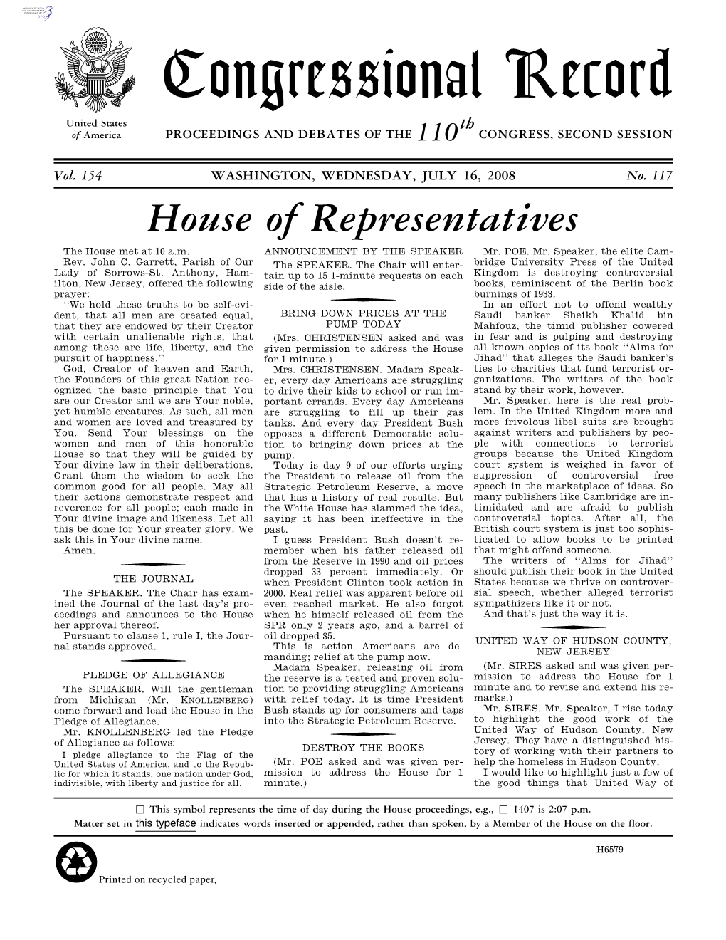 Congressional Record United States Th of America PROCEEDINGS and DEBATES of the 110 CONGRESS, SECOND SESSION