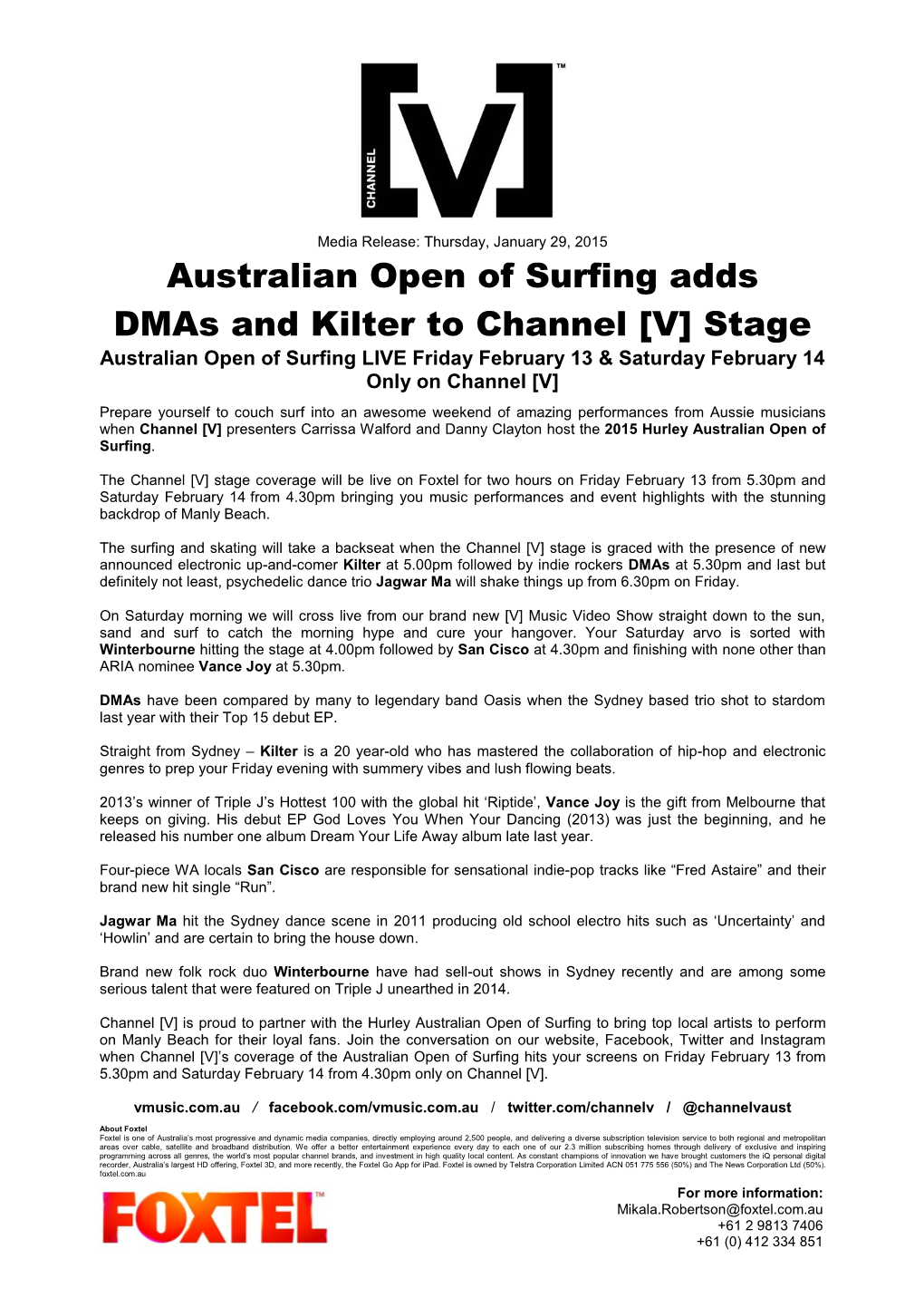 Australian Open of Surfing Adds Dmas and Kilter to Channel [V] Stage Australian Open of Surfing LIVE Friday February 13 & Saturday February 14 Only on Channel [V]