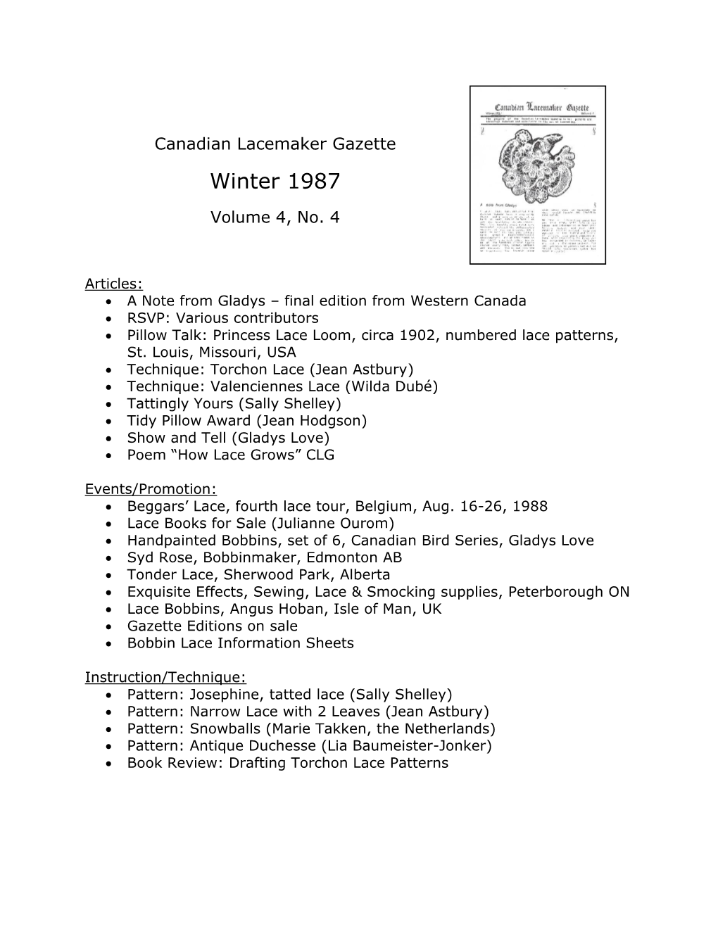 Canadian Lacemaker Gazette Winter 1987