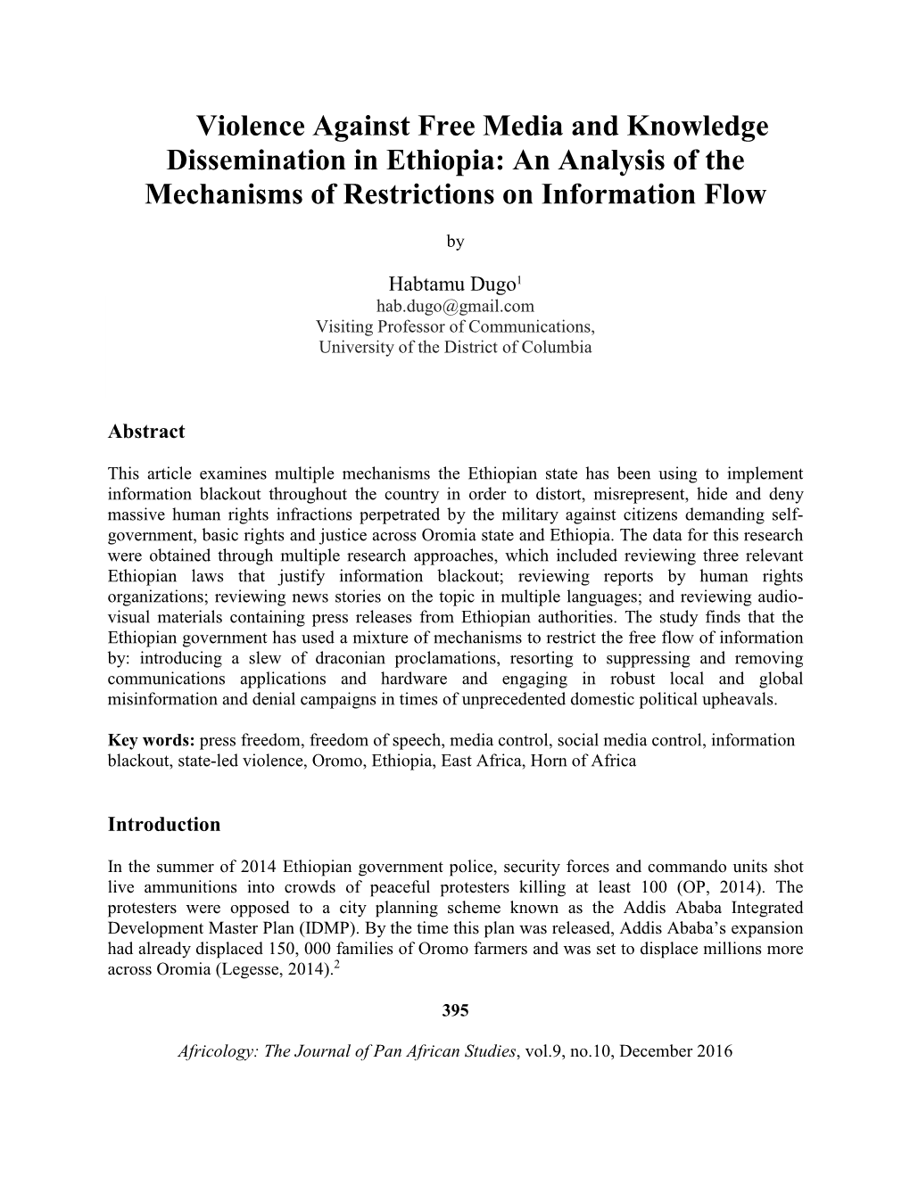 Violence Against Free Media and Knowledge Dissemination in Ethiopia: an Analysis of the Mechanisms of Restrictions on Information Flow
