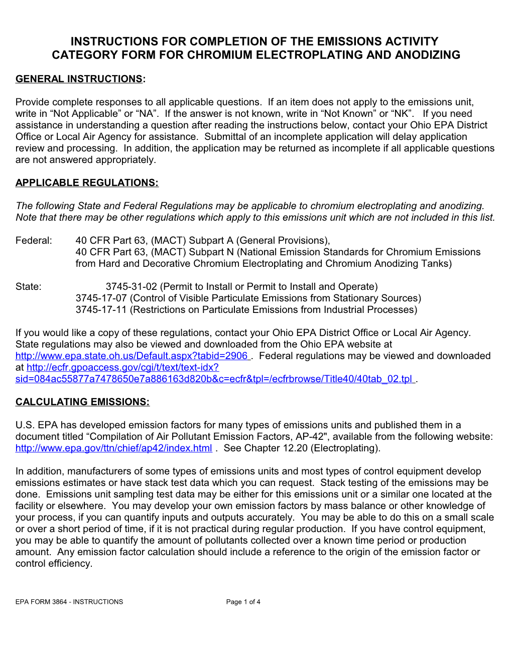 Instructions for Completion of the Emissions Activity