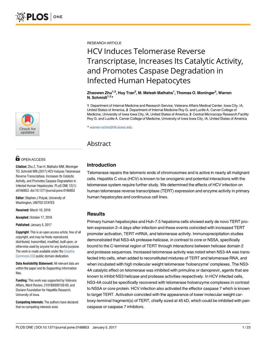 HCV Induces Telomerase Reverse Transcriptase, Increases Its Catalytic Activity, and Promotes Caspase Degradation in Infected Human Hepatocytes