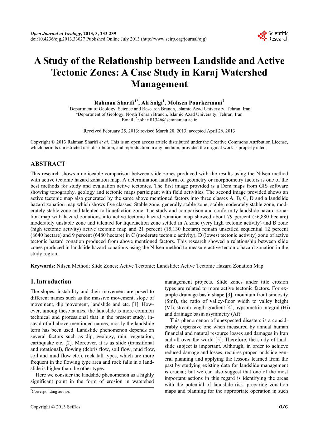 A Study of the Relationship Between Landslide and Active Tectonic Zones: a Case Study in Karaj Watershed Management