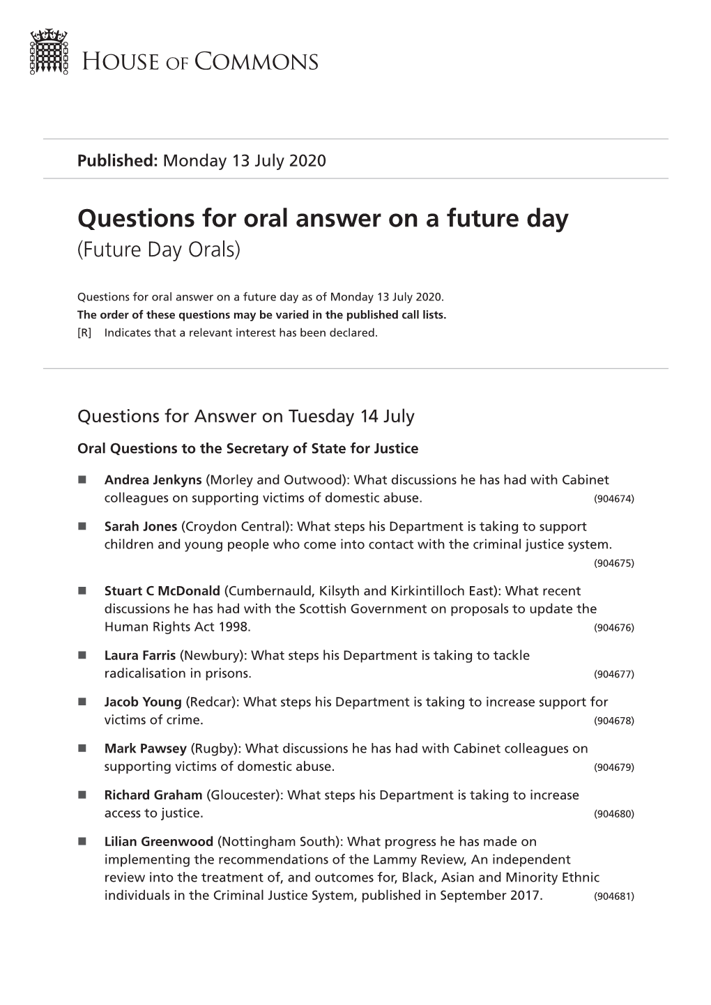 Future Oral Questions As of Mon 13 Jul 2020