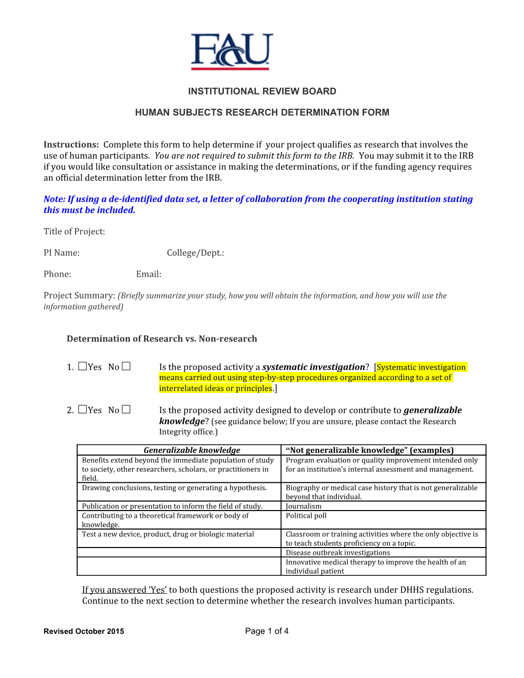 Human Subjects Research Determination Form