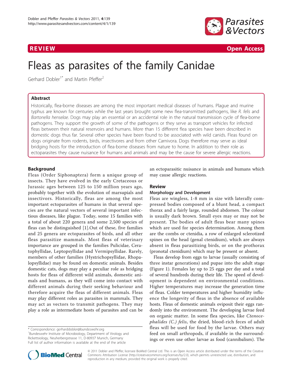 Fleas As Parasites of the Family Canidae Gerhard Dobler1* and Martin Pfeffer2