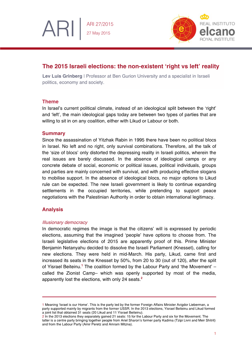 The 2015 Israeli Elections: the Non-Existent 'Right Vs Left' Reality