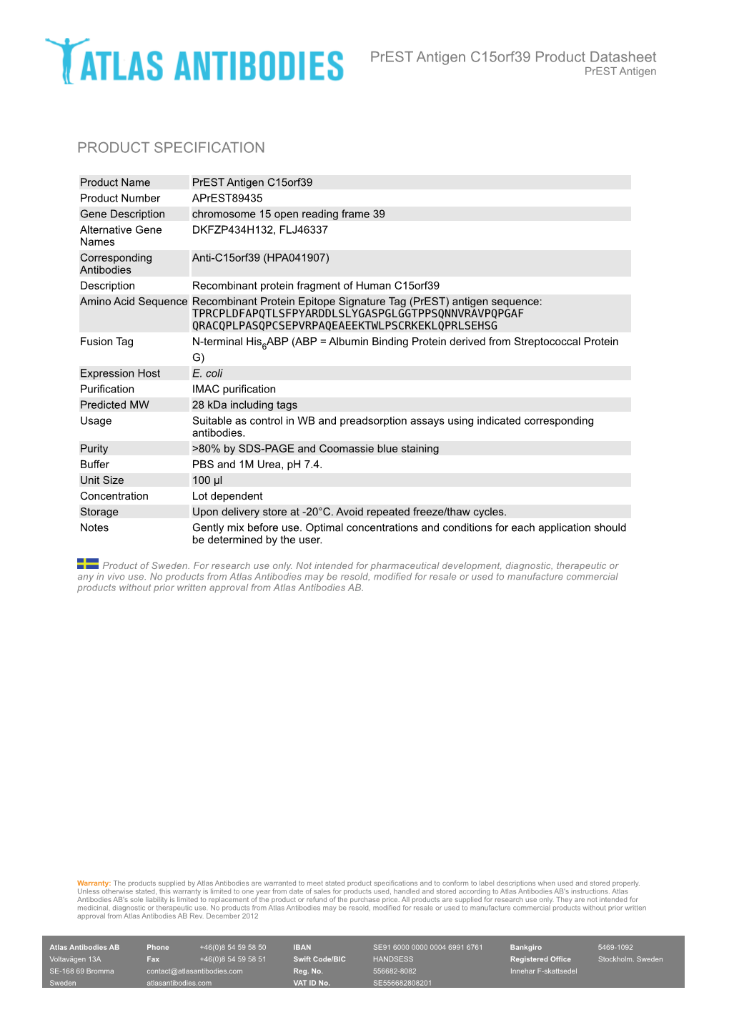 PRODUCT SPECIFICATION Prest Antigen C15orf39 Product Datasheet