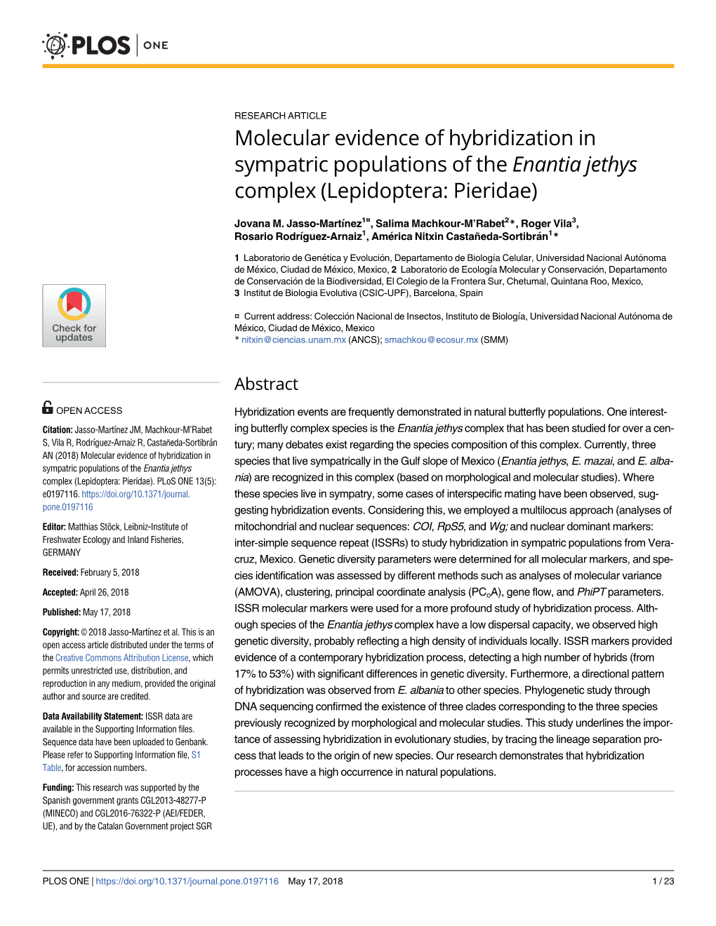 Molecular Evidence of Hybridization in Sympatric Populations of the Enantia Jethys Complex (Lepidoptera: Pieridae)