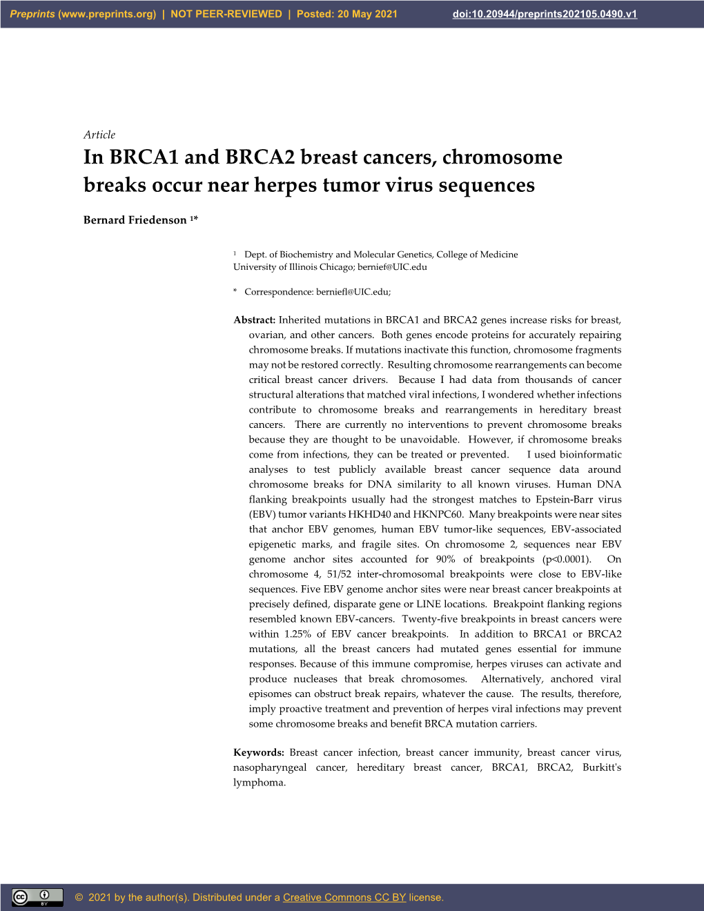 In BRCA1 and BRCA2 Breast Cancers, Chromosome Breaks Occur Near Herpes Tumor Virus Sequences