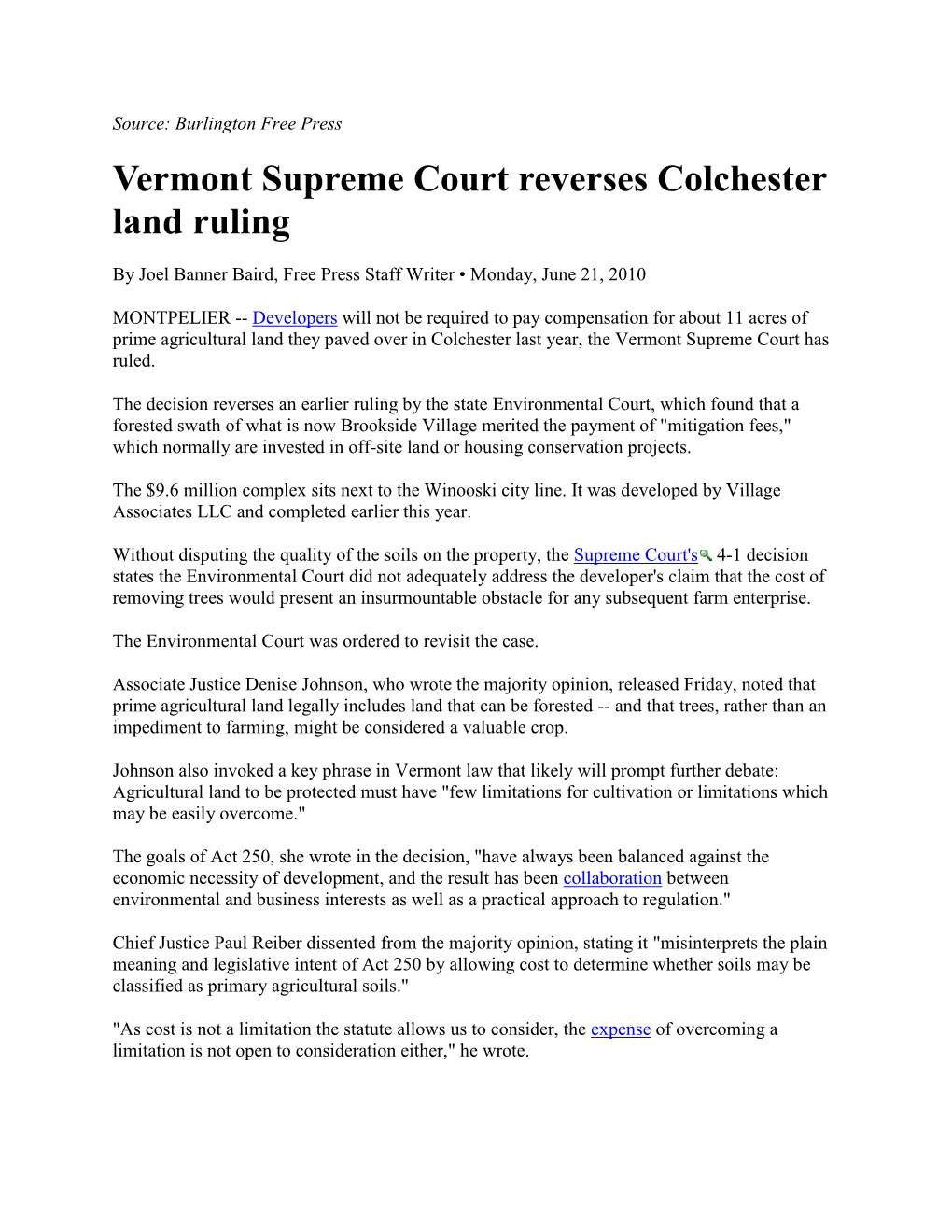 Vermont Supreme Court Reverses Colchester Land Ruling