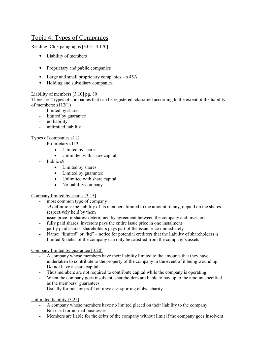 Types of Companies Reading: Ch 3 Paragraphs [3.05 - 3.170]  Liability of Members