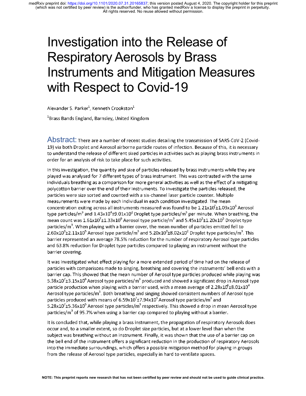 Investigation Into the Release of Respiratory Aerosols by Brass Instruments and Mitigation Measures with Respect to Covid-19