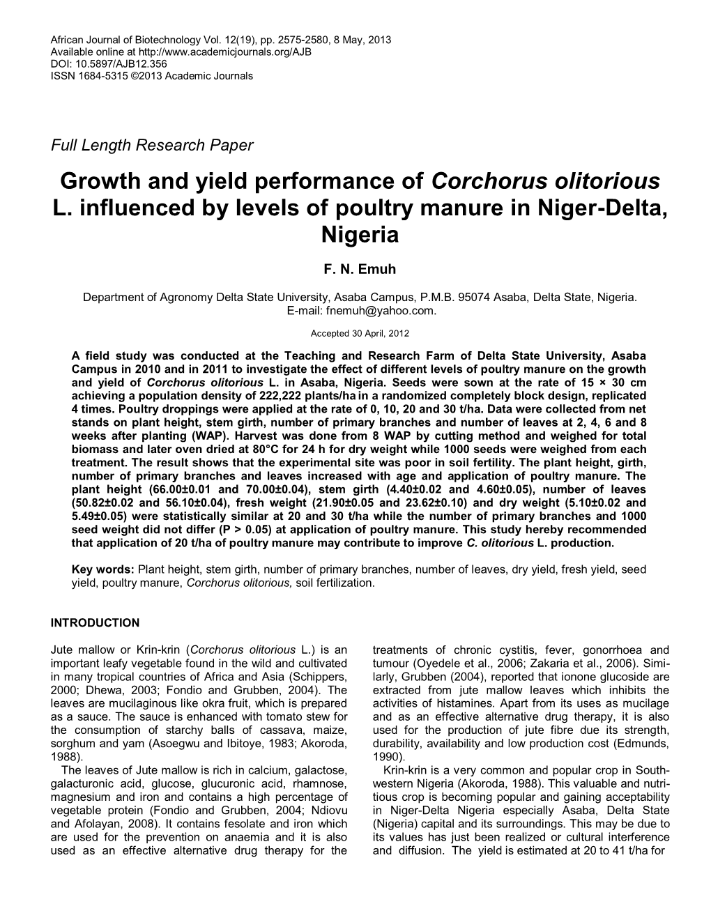 Growth and Yield Performance of Corchorus Olitorious L. Influenced by Levels of Poultry Manure in Niger-Delta, Nigeria