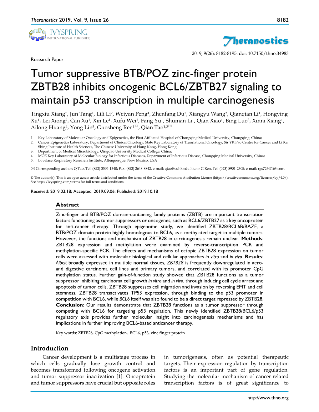 Tumor Suppressive BTB/POZ Zinc-Finger Protein ZBTB28 Inhibits