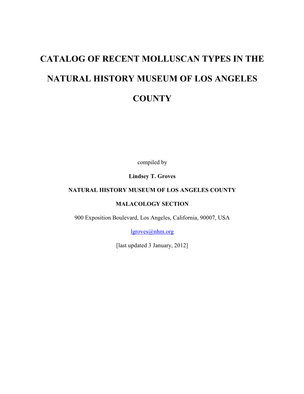 Catalog of Recent Molluscan Types in the Natural History Museum of Los