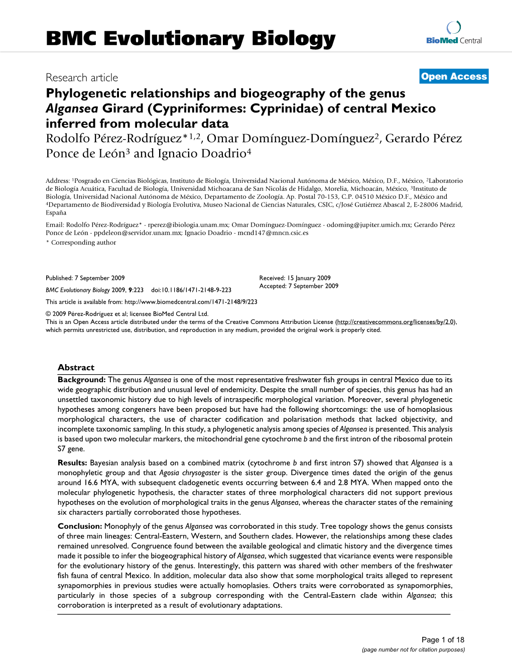 Phylogenetic Relationships and Biogeography of the Genus Algansea Girard (Cypriniformes: Cyprinidae) of Central Mexico Inferred from Molecular Data