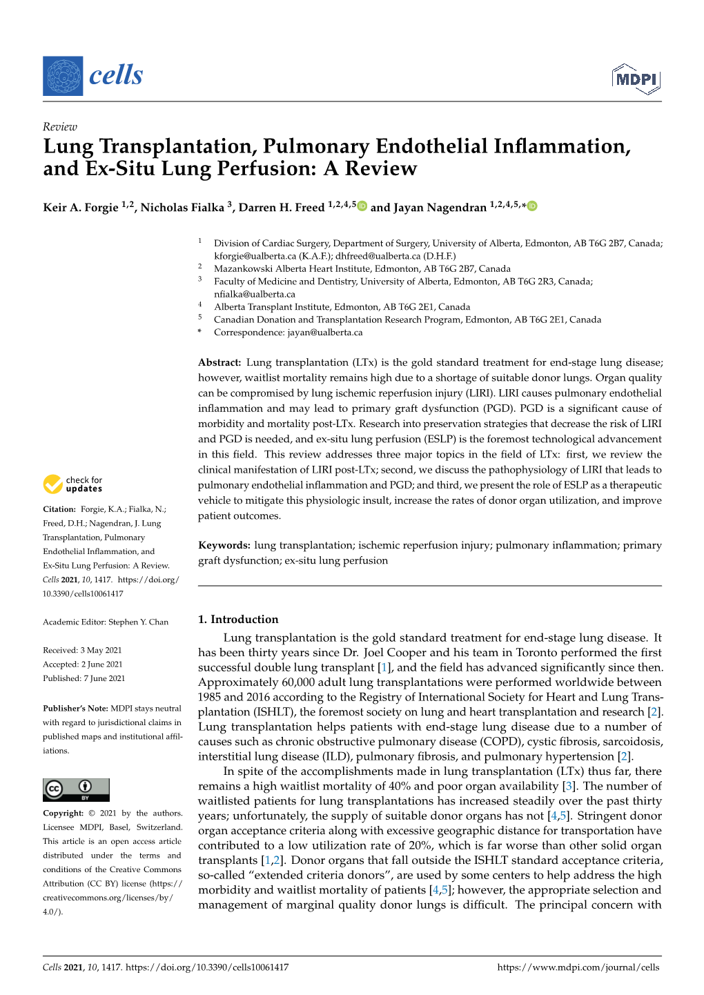 Lung Transplantation, Pulmonary Endothelial Inflammation