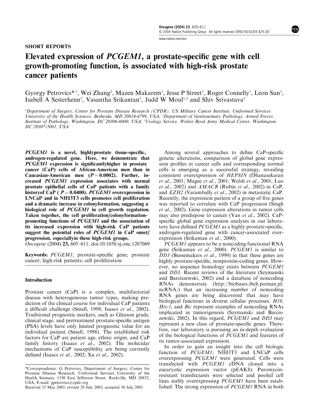 Elevated Expression of PCGEM1, a Prostate-Specific Gene with Cell