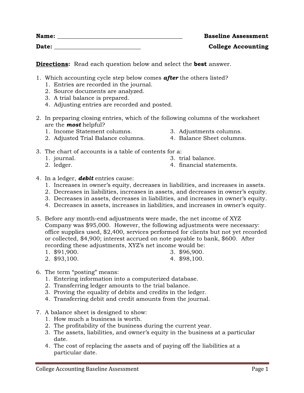College Accounting Baseline Assessment Page 1 Name
