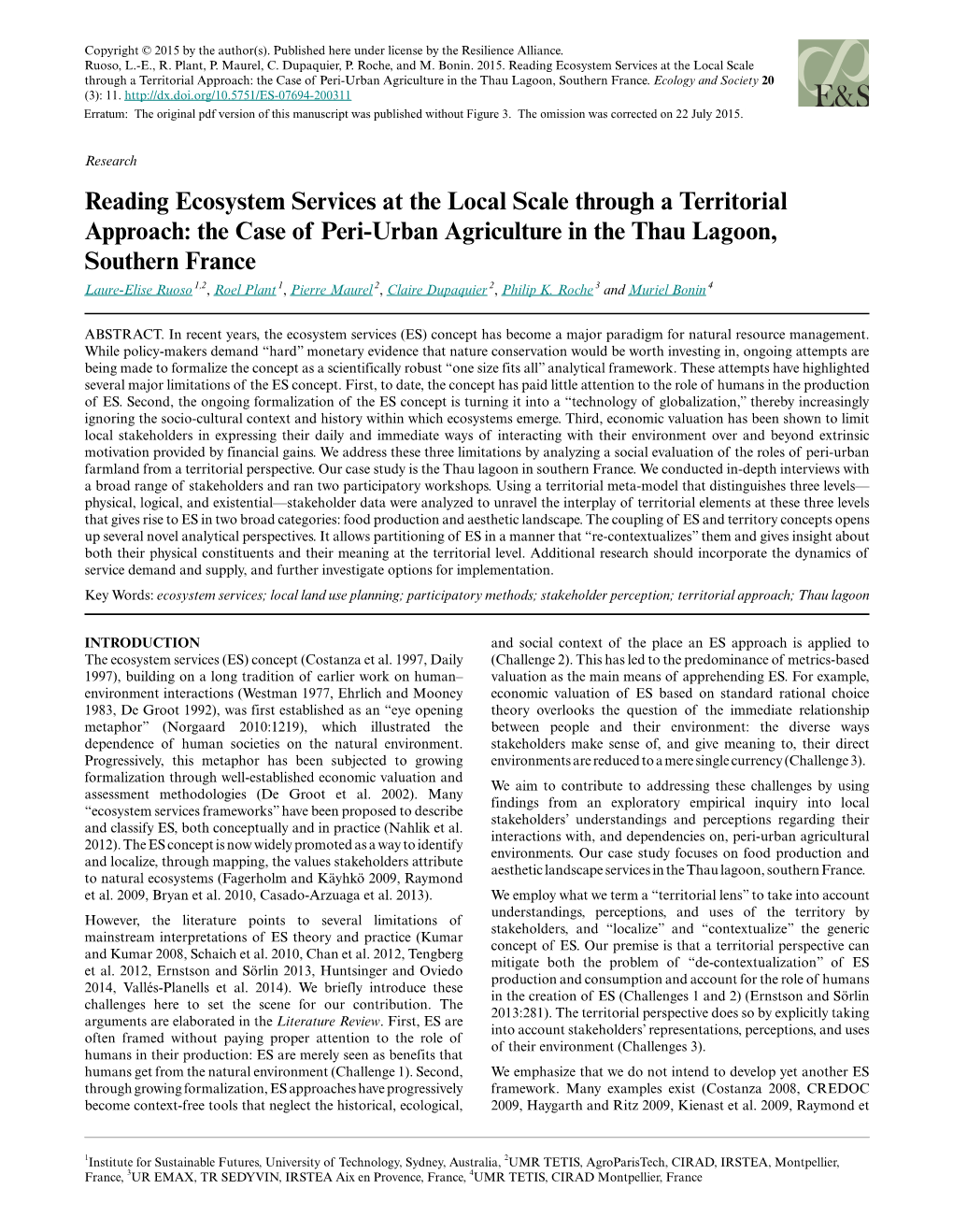 Reading Ecosystem Services at the Local Scale Through a Territorial Approach: the Case of Peri-Urban Agriculture in the Thau Lagoon, Southern France