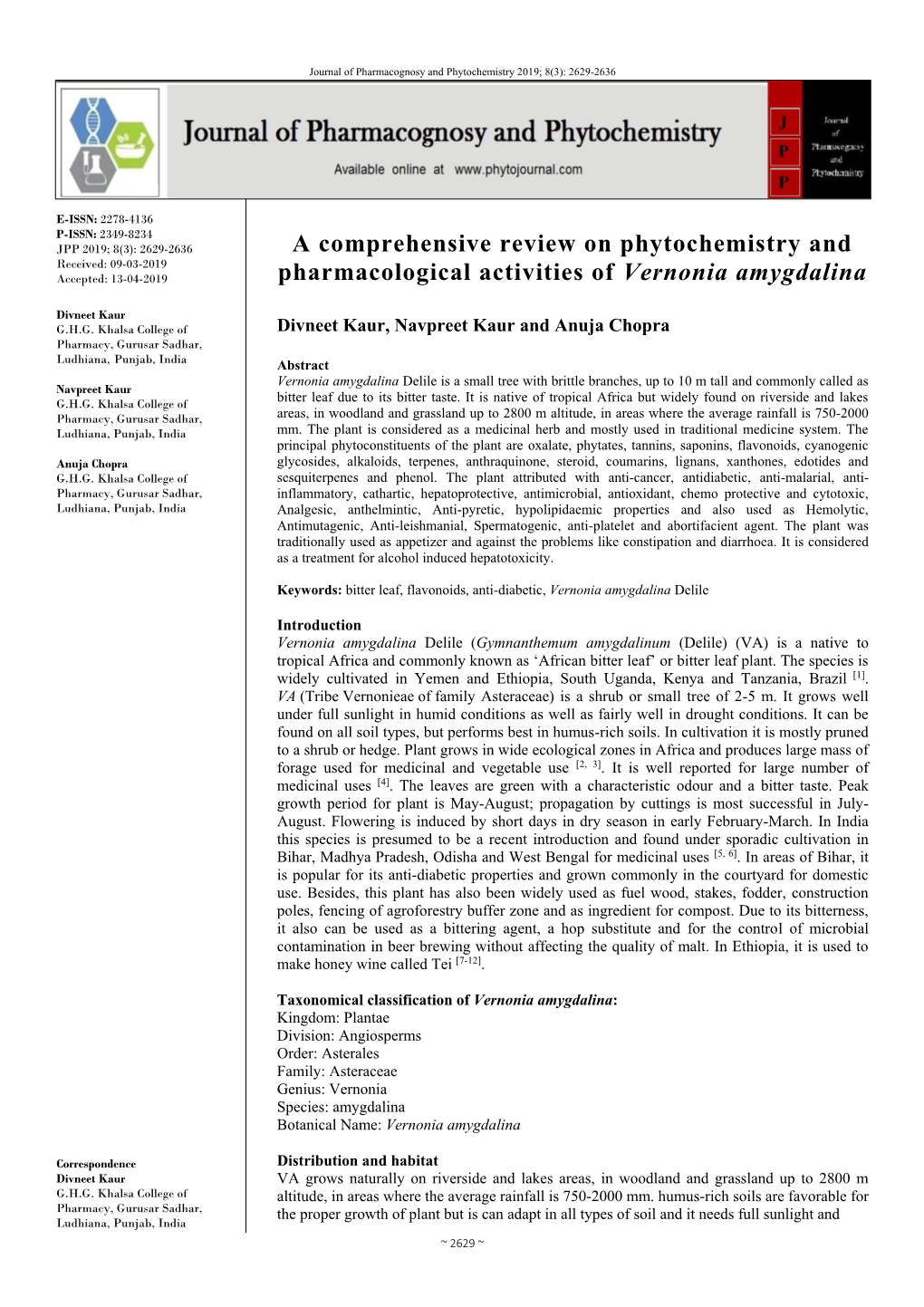 A Comprehensive Review on Phytochemistry and Pharmacological Activities of Vernonia Amygdalina