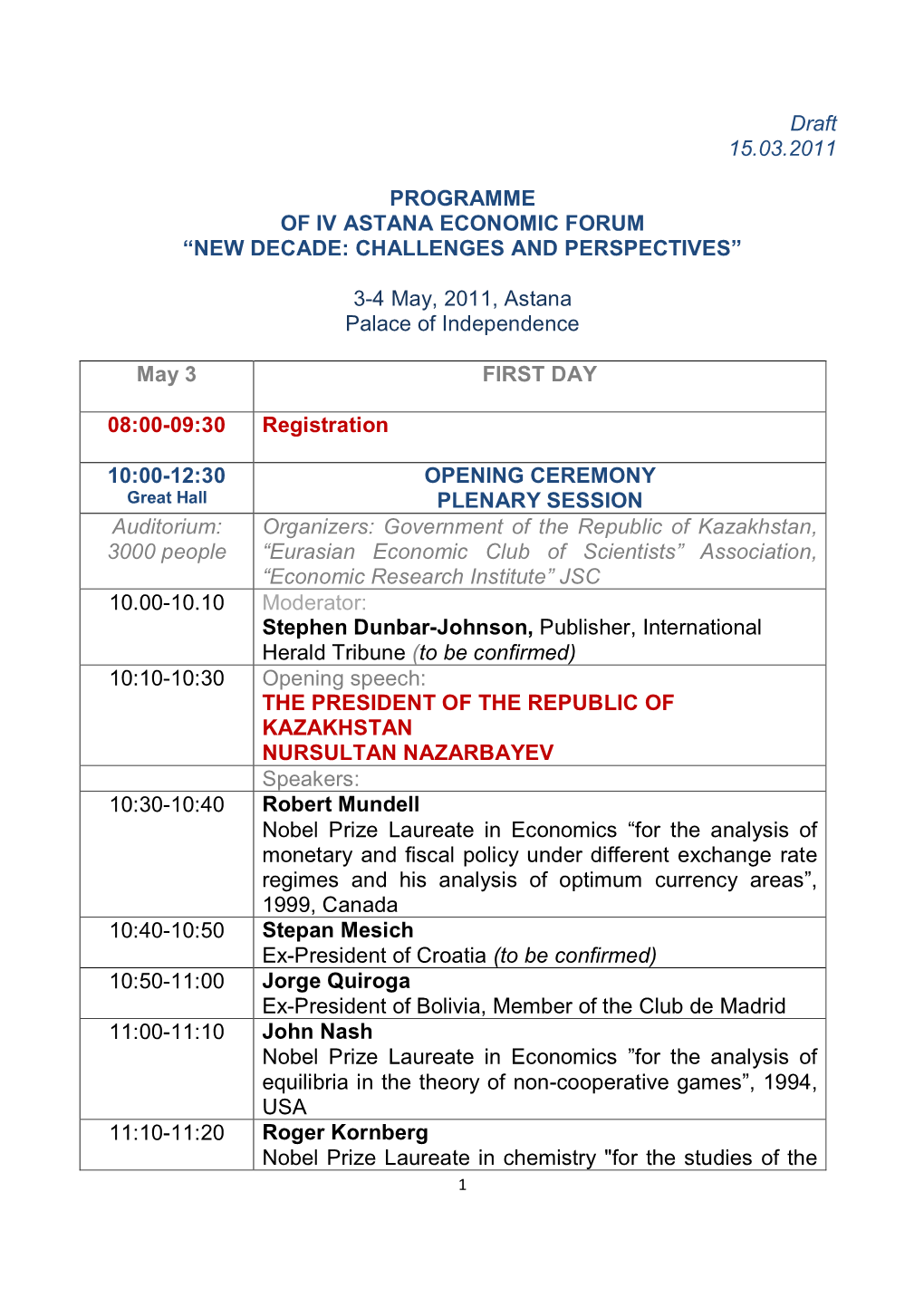 Draft 15.03.2011 PROGRAMME of IV ASTANA ECONOMIC FORUM