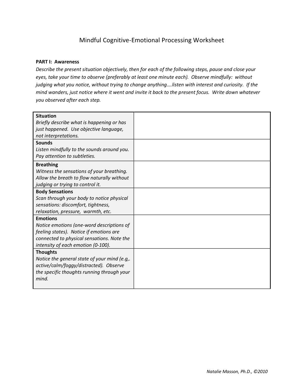 Mindful Cognitive-Emotional Processing Worksheet