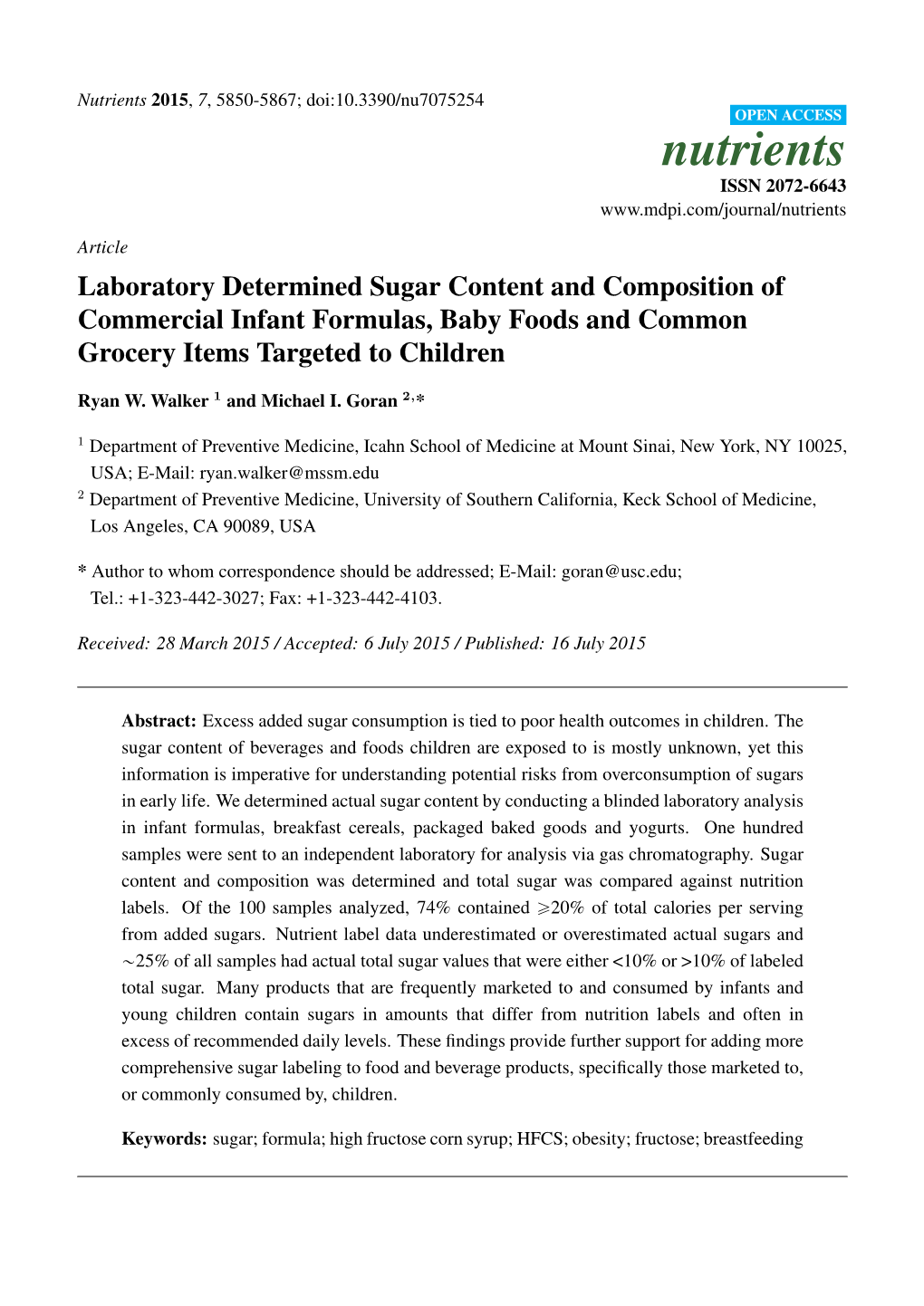 Laboratory Determined Sugar Content and Composition of Commercial Infant Formulas, Baby Foods and Common Grocery Items Targeted to Children