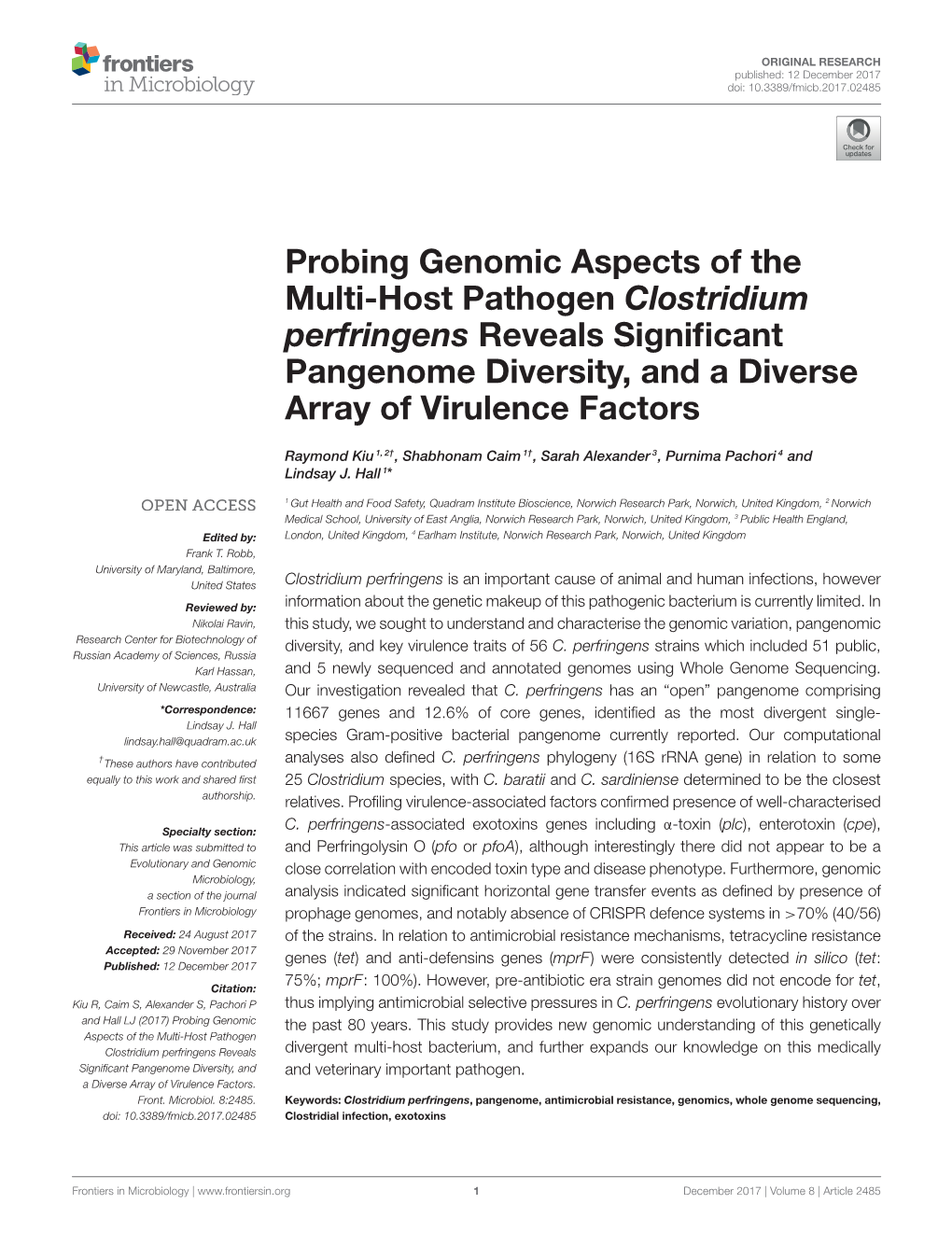 Probing Genomic Aspects of the Multi-Host Pathogen Clostridium Perfringens Reveals Signiﬁcant Pangenome Diversity, and a Diverse Array of Virulence Factors