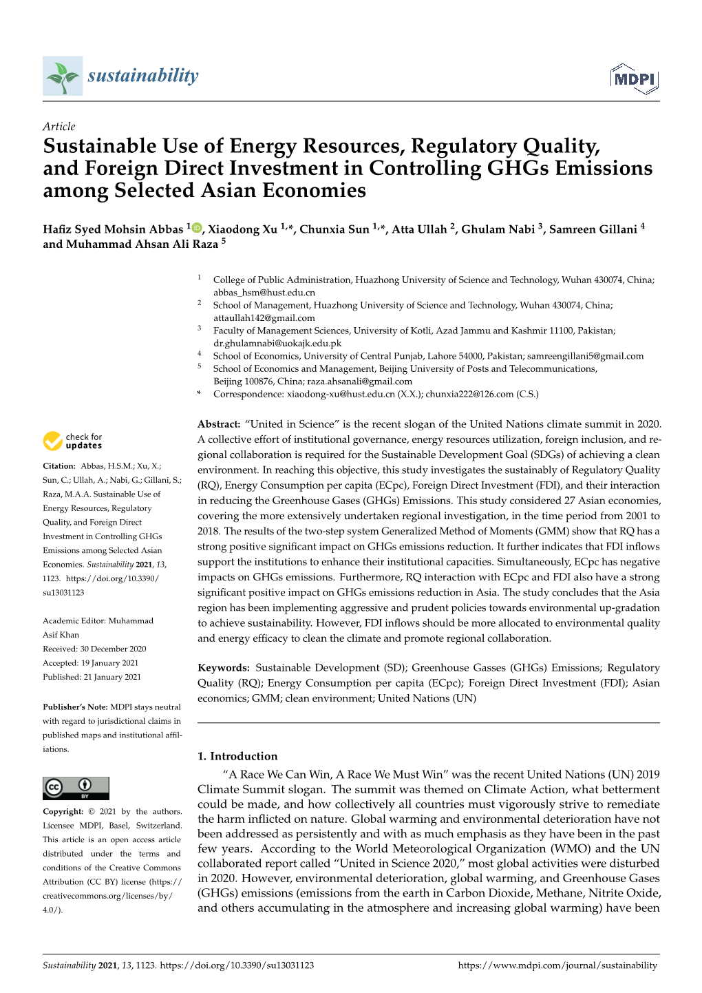 Sustainable Use of Energy Resources, Regulatory Quality, and Foreign Direct Investment in Controlling Ghgs Emissions Among Selected Asian Economies