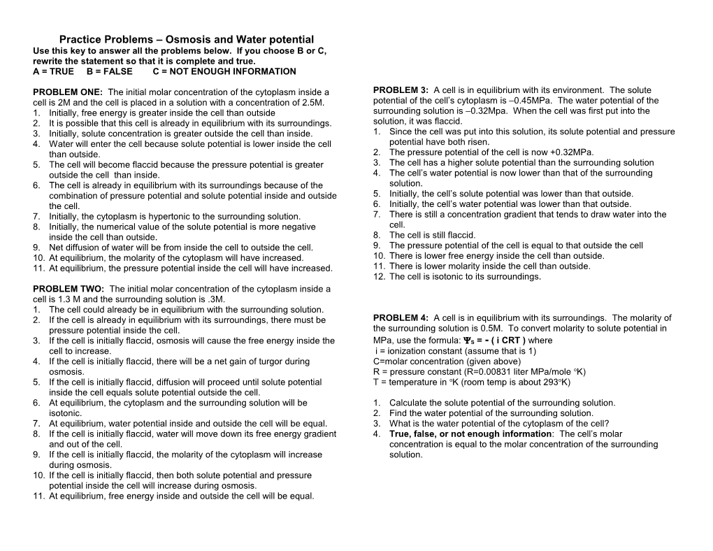 Practice Problems Osmosis and Water Potential