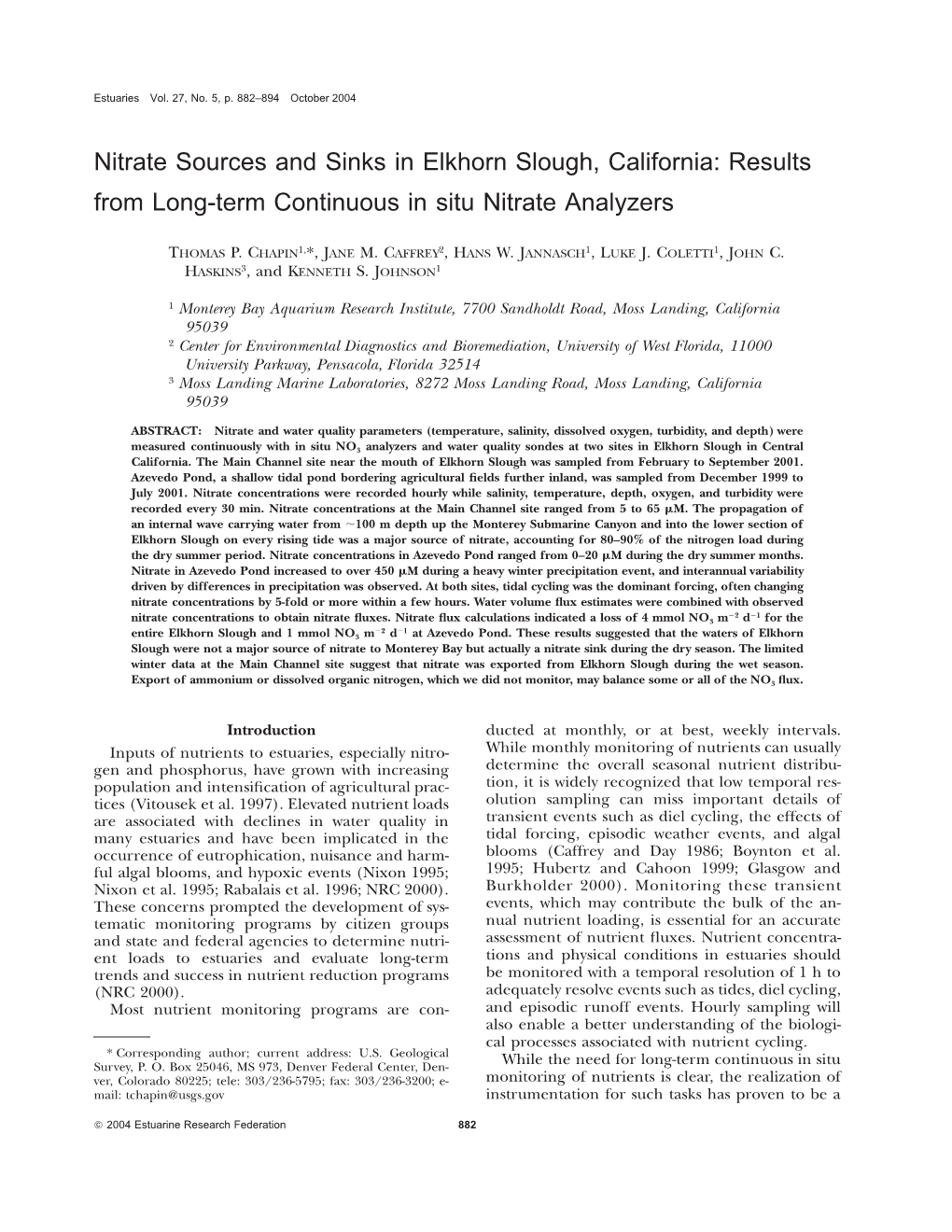 Nitrate Sources and Sinks in Elkhorn Slough, California: Results from Long-Term Continuous in Situ Nitrate Analyzers